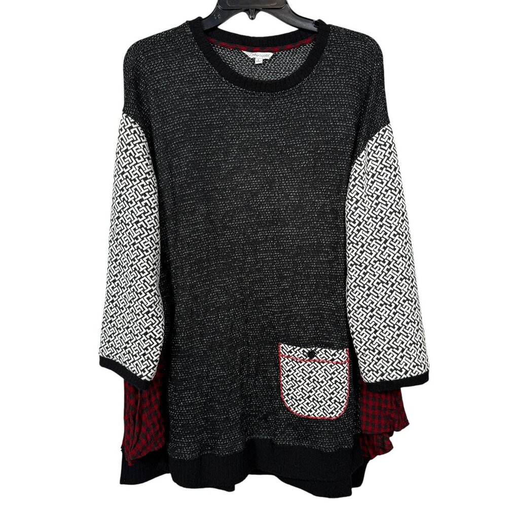 John Mark Black and White Patterned Sweater with Red Accents